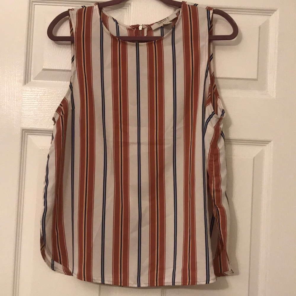 Coral and navy vertical striped blouse